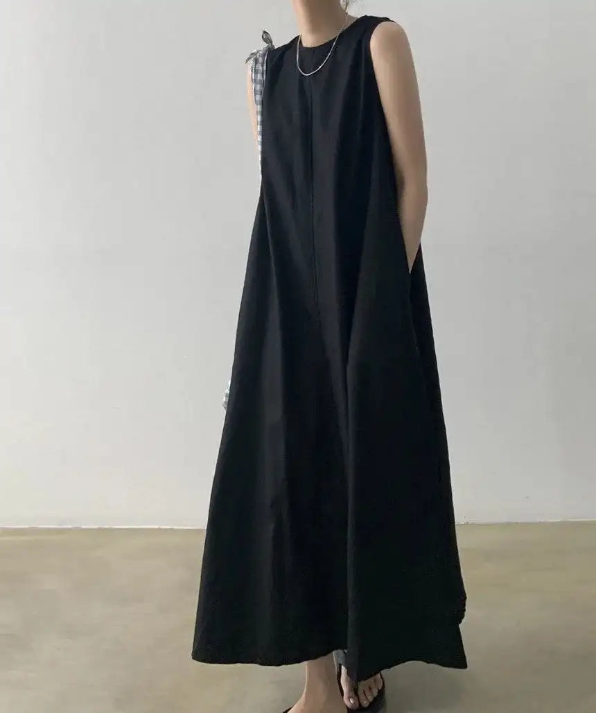2022 Minimalist Chic Loose Swing Sleeveless Mid-length Casual Cotton Linen Long Dress  Round Neck High Waist Women Runway Dress