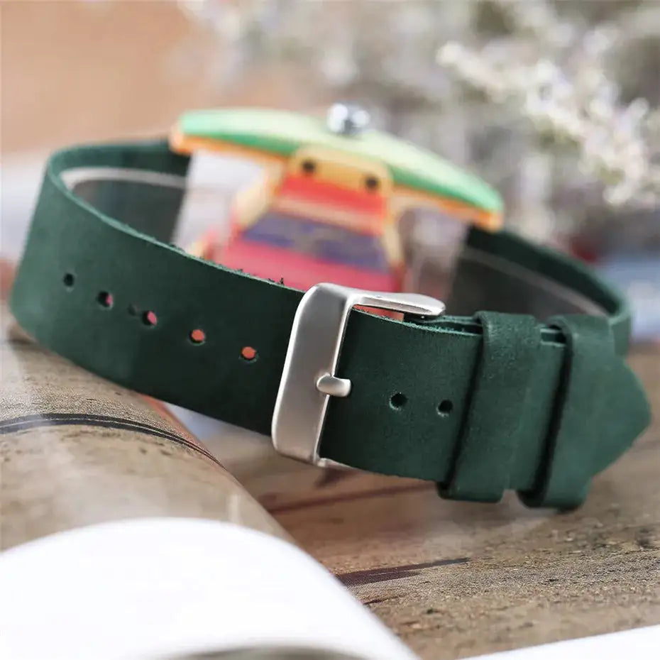 Unique Triangle Women's Wood Watch Creative Colorful Lady Green/ Red Genuine Leather Wristwatch Elegant Womens Watches Top Gifts