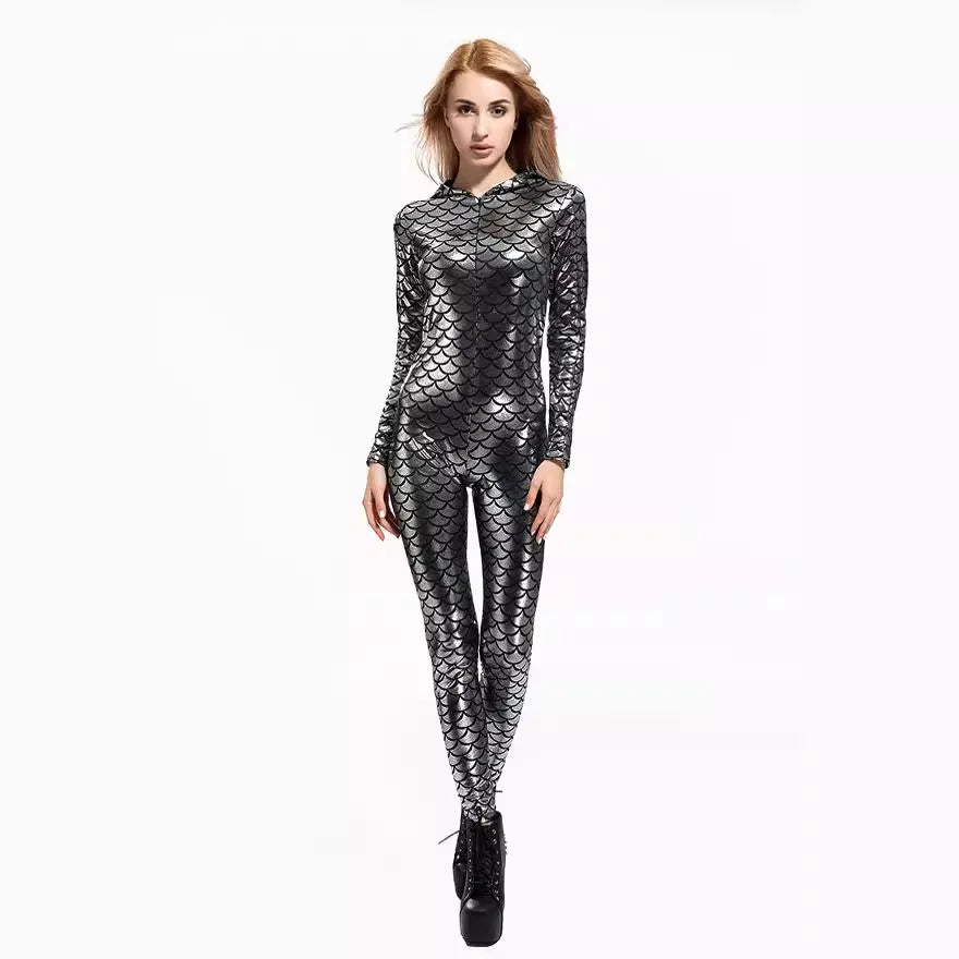 Female Sexy Fish Scale Bodysuit with Hood – Vintage Cosplay Costume for Women, Perfect for Halloween and Carnival - Premium bodysuit from Lizard Vigilante - Just $38.88! Shop now at Lizard Vigilante