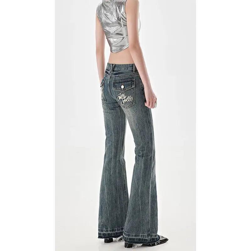 Low Waist Jeans Girls Women Autumn Vintage American High Street Spicy Y2k Design Sense Slim Fit Straight Tube Micro Flare Pants - Lizard Vigilante