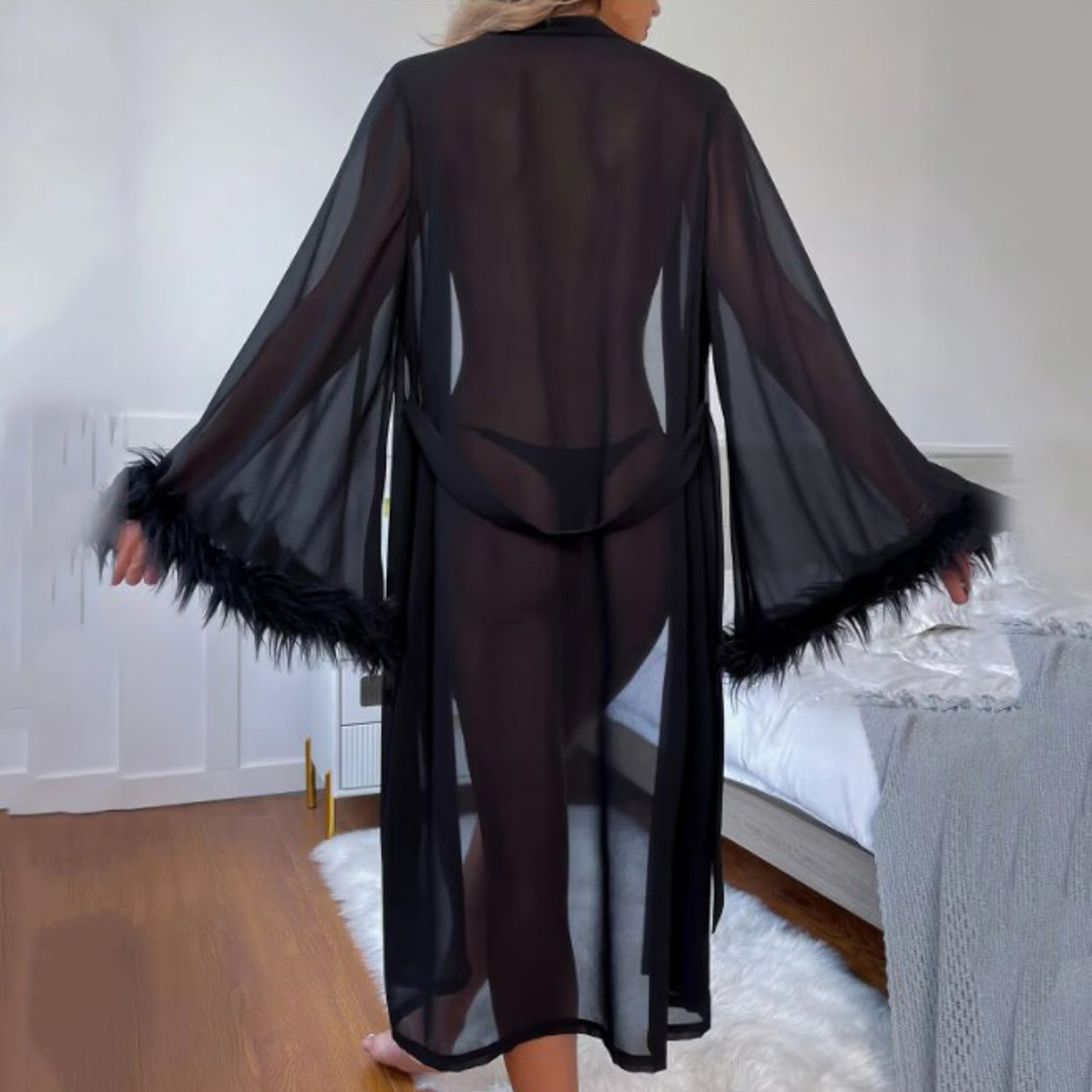 Elegant Summer Women's Silk Feather Robe – Comfortable Long-Sleeved Pajamas Nightgown - Premium robe from Lizard Vigilante - Just $28.88! Shop now at Lizard Vigilante