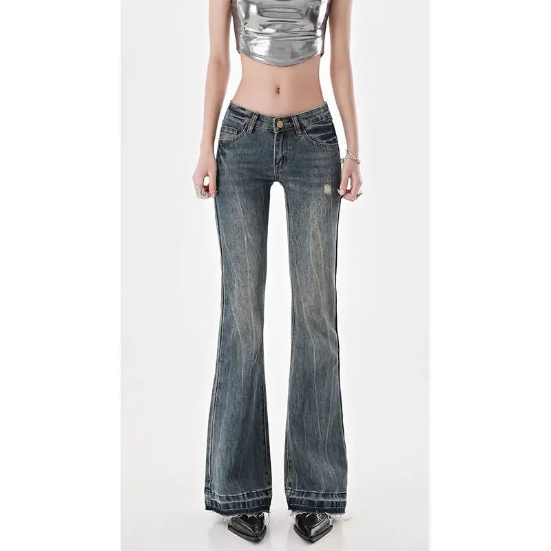 Low Waist Jeans Girls Women Autumn Vintage American High Street Spicy Y2k Design Sense Slim Fit Straight Tube Micro Flare Pants - Premium blue jeans from Lizard Vigilante - Just $52.99! Shop now at Lizard Vigilante