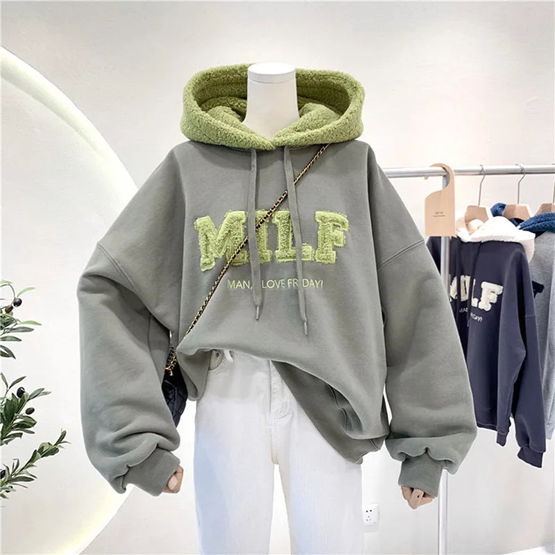 MILF Man I Love Friday! Fashion Patchwork Oversize Sweatshirt Women Winter Casual Loose Cotton Thick Letter Long Sleeve Hoodies Female Streetwear - Premium Long-sleeve hoodie from Lizard Vigilante - Just $39.99! Shop now at Lizard Vigilante