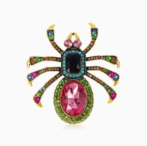 Venom Stage Spider Brooch – Giant Crystal Punk Insect Pin with Pearl Shockwave