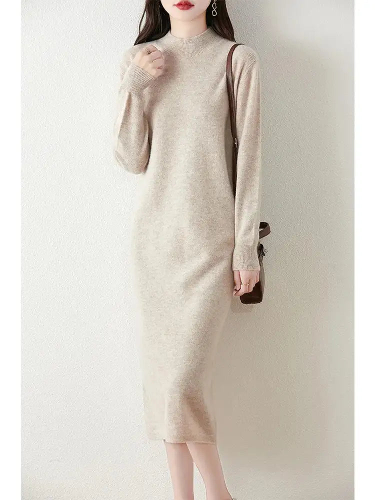 Autumn Winter Women's Wool Long Dress Cashmere Mock Neck Pullover Sweater 100% Merino Wool Soft Knitwear OL Simple Basic Dress