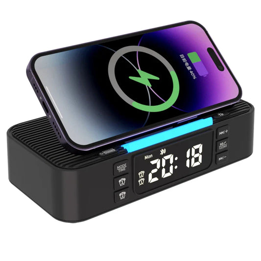 Portable Bluetooth Speaker with Wireless Charging Atmosphere Light Clock Alarm Function Double Speaker USB Charging