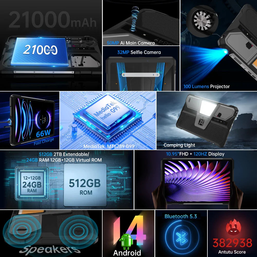 8849 TANK PAD E Unihertz Rugged Projector Tablet Smartphone 10.95 inch 120Hz 24GB 512GB 21000mAh 32MP+50MP 66W Phone Tablet