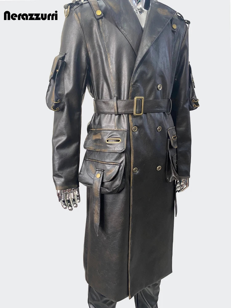 Nerazzurri Men’s Long Distressed PU Leather Trench Coat – Waterproof, Belted Punk Style for Spring & Autumn - Premium trench coat from Lizard Vigilante - Just $148.88! Shop now at Lizard Vigilante