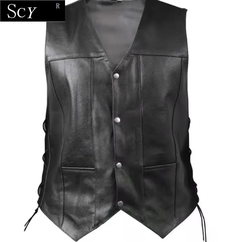 Men's Side Lace Denim Style Biker Leather Vest with Gun Pockets - Premium vest from Lizard Vigilante - Just $38.88! Shop now at Lizard Vigilante