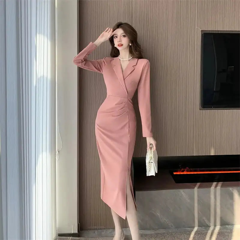 Women Pink Pleated Bodycon Formal Long Dress Autumn Winter Long Sleeve Chic Suit Dress 2025 Korean Fashion Elegant Party Dresses