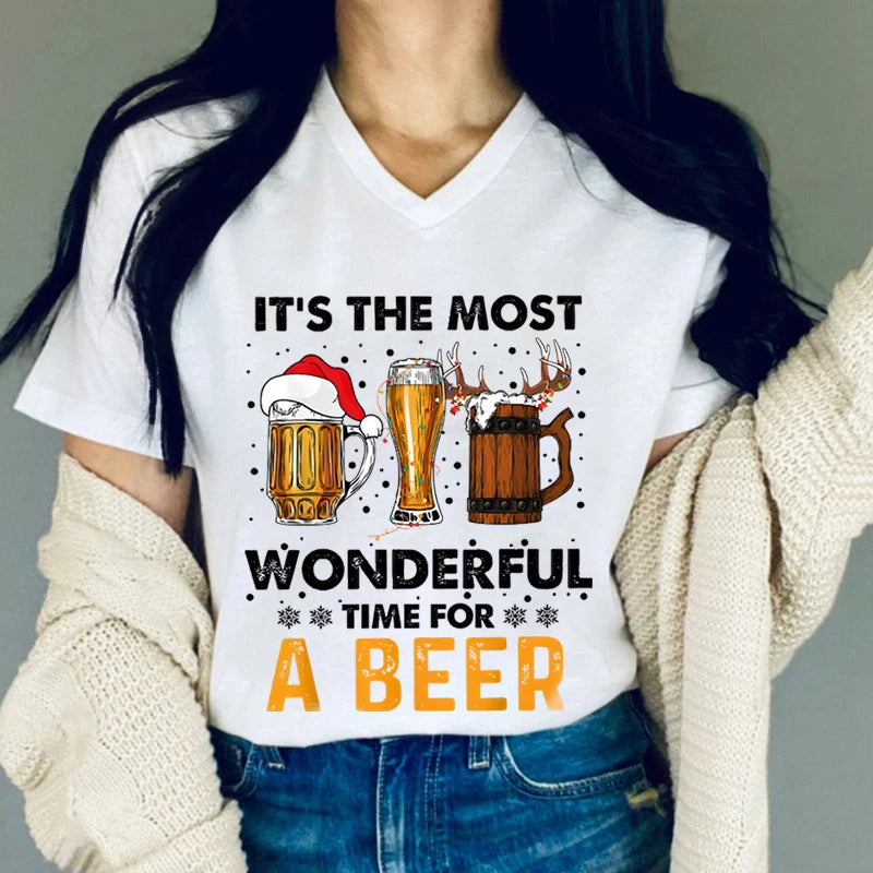 "It's The Most Wonderful Time for A Beer" V-Neck Tee – Casual Christmas Shirt - Premium T-Shirt from Lizard Vigilante - Just $23.88! Shop now at Lizard Vigilante