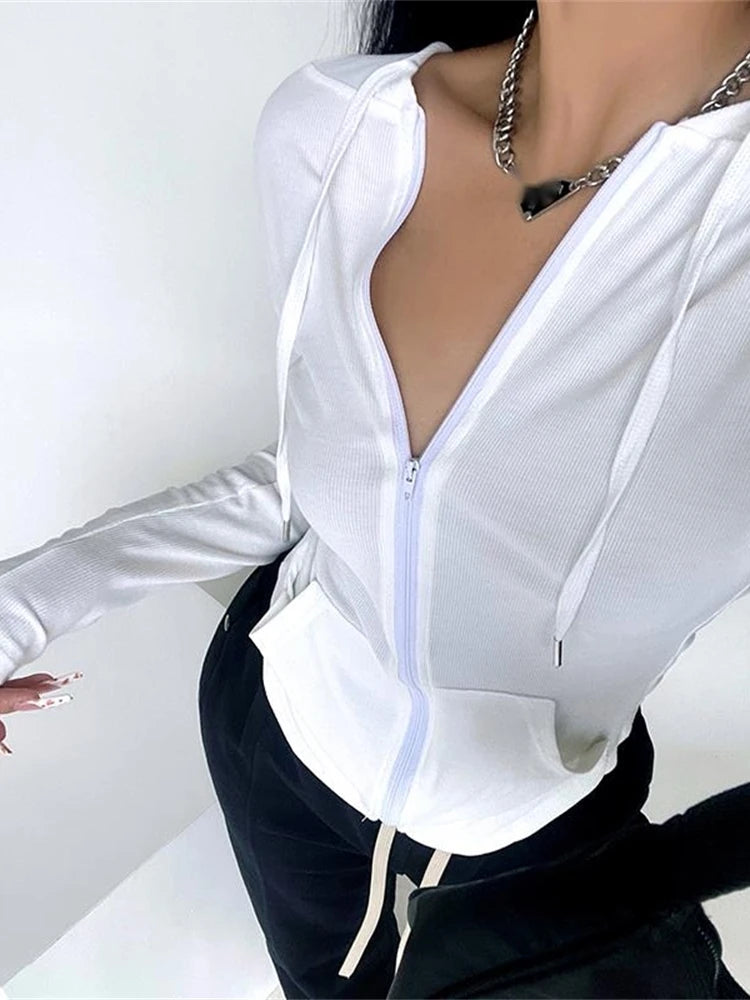 Cardigan Sweatshirt WOMENGAGA Autumn 2024 Thin Long Sleeve Tops Slim Skinny Short Zipper Hooded Workout - Premium cardigan from Lizard Vigilante - Just $29.99! Shop now at Lizard Vigilante