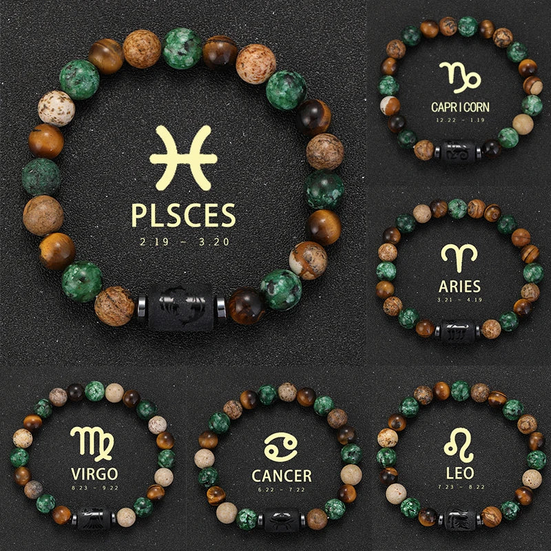 Zodiac Signs Natural Stone Bracelets Taurus Cancer Virgo Pisces Bracelets Ladies Men Couples Friendship Jewelry Gift Bracelet - Premium bracelet from Lizard Vigilante - Just $22.99! Shop now at Lizard Vigilante