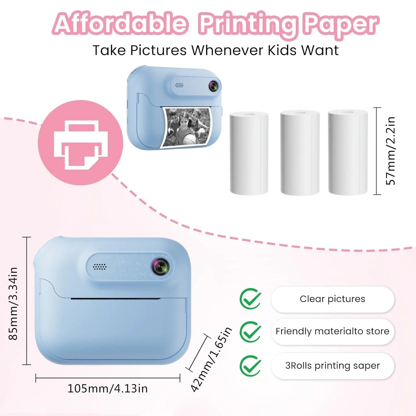 S8 Instant Print Camera for Children 1300mAh Kids Camere Printer 1080P HD Digital Camera for Girls Boys Birthday Gifts