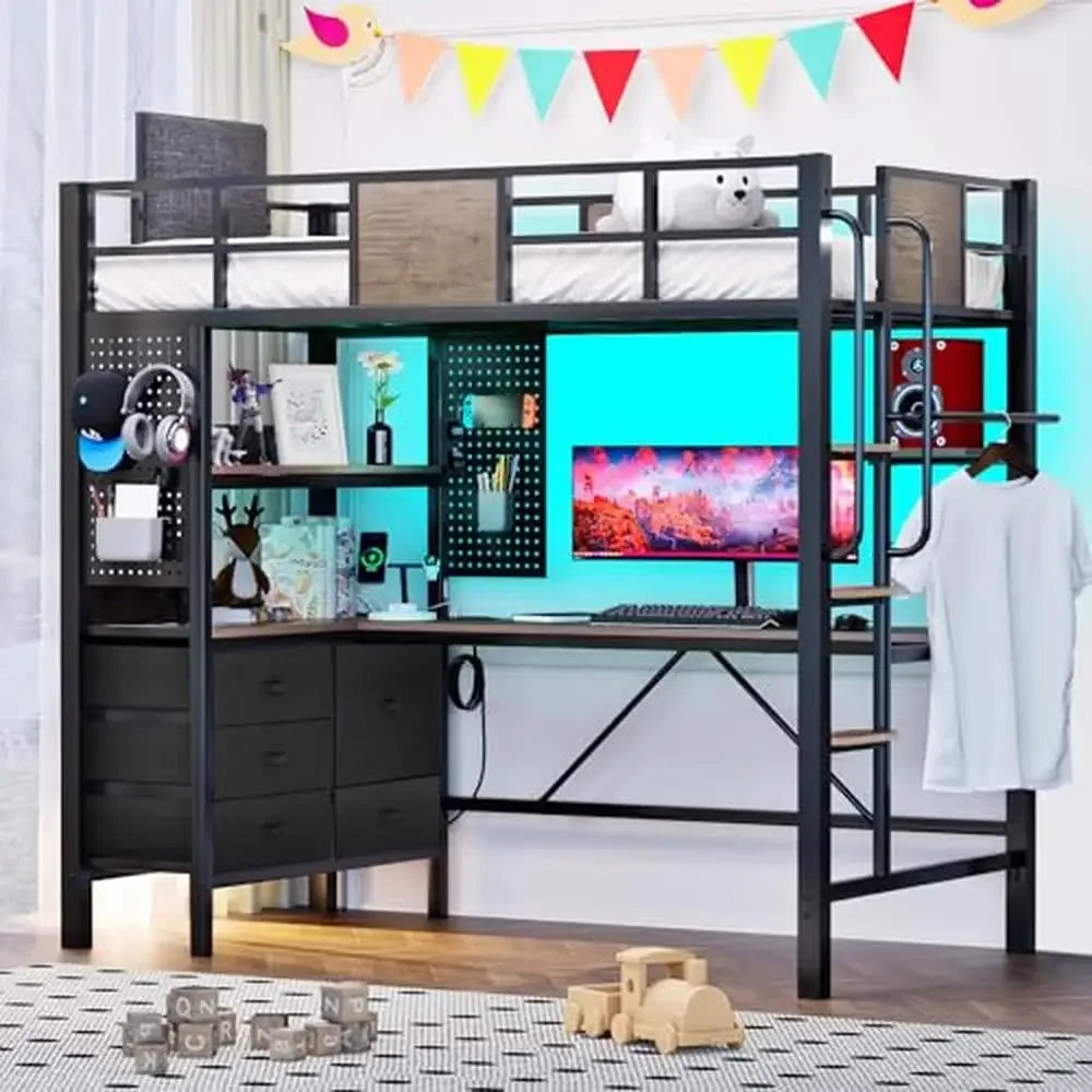 Twin Loft Bed with L-Shaped Desk Charging Station Storage Shelves LED Lights Music Sync Safe Guardrail & Wooden Ladder - Premium  from Lizard Vigilante - Just $434.99! Shop now at Lizard Vigilante