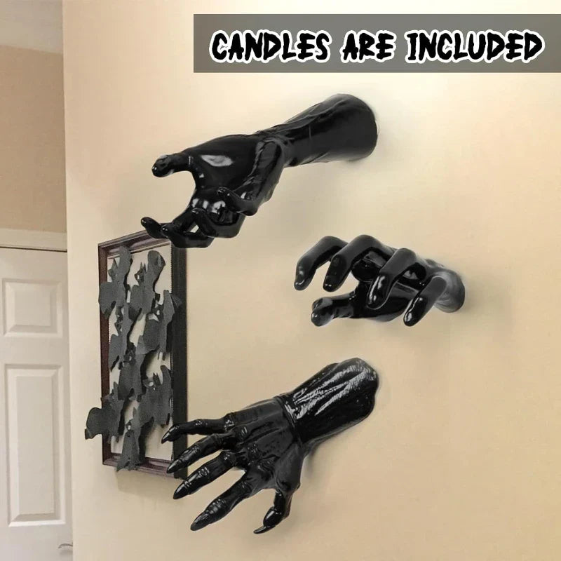 Halloween Decorations 3 Pack Wall Mounted Lighted Candles Creepy Reaching Hands Life Size Gothic Horror Decor Candelabras