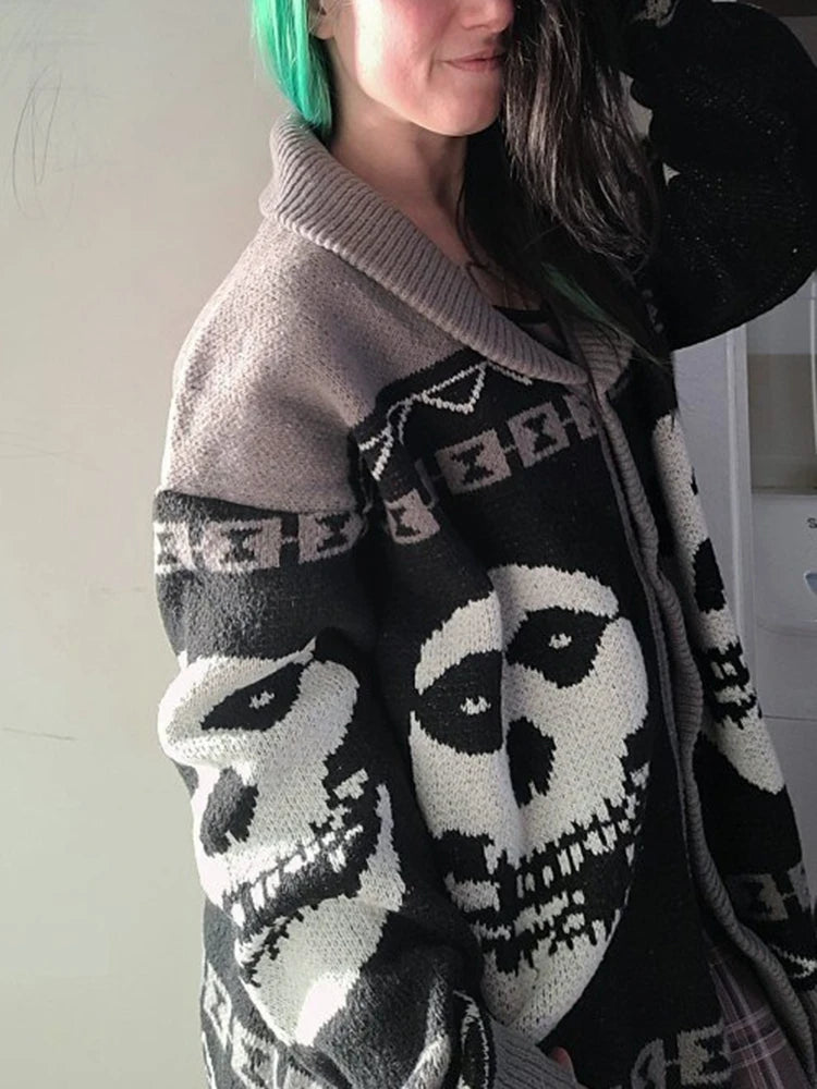 2024 Autumn/Winter Y2K Portrait Printed Harajuku Cardigan – Gothic Ghost Pattern Unisex Long Sleeve Sweater - Premium cardigan sweater from Lizard Vigilante - Just $43.88! Shop now at Lizard Vigilante