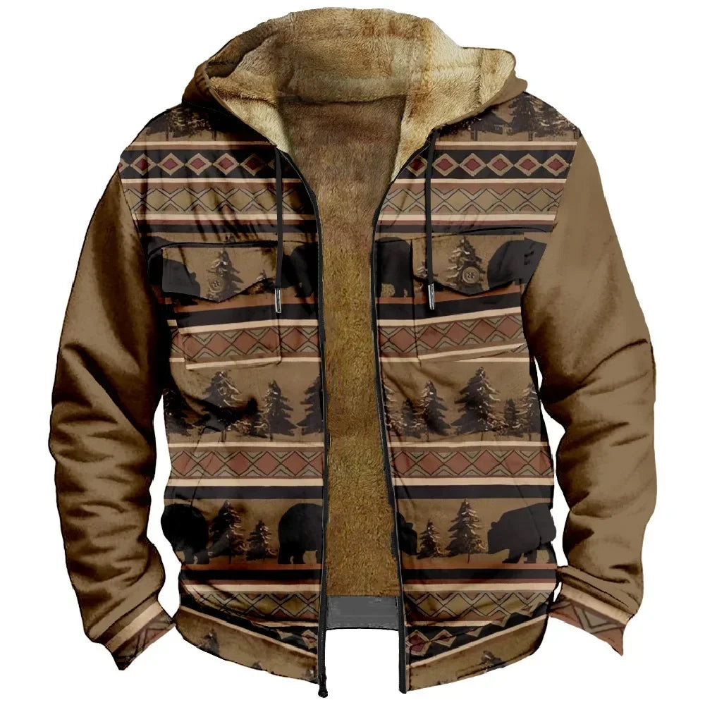 Retro Aztec Geometric Winter Jacket – Men's Plush Thick Streetwear Hunting Coat with Art Graphics & Fleece Lining - Premium jacket from Lizard Vigilante - Just $56.66! Shop now at Lizard Vigilante