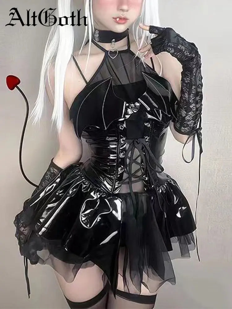 AltGoth Sexy Cosplay Pu Dress Women Harajuku Streetwear Grunge Bandage Hollow Out Bats Dress Punk Y2k E-girl Mall Gothic Clothes - Premium dress from Lizard Vigilante - Just $58.88! Shop now at Lizard Vigilante