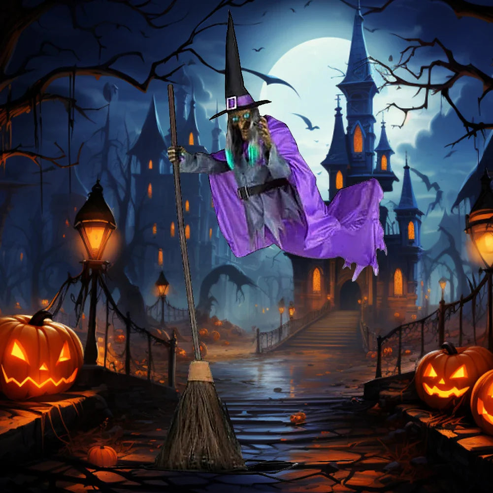 Halloween Props with Terrifying Sounds and Lights Fun Costumes Flying Scary Witch Broom Wizard Decor for Garden Yard Lawn Indoor