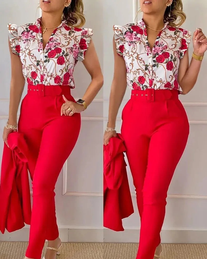 Women's Elegant Floral Slim Two-Piece Set - V-Neck Flying Sleeve Top & High-Waist Pencil Pants with Sash Belt - Premium suit from Lizard Vigilante - Just $38.88! Shop now at Lizard Vigilante