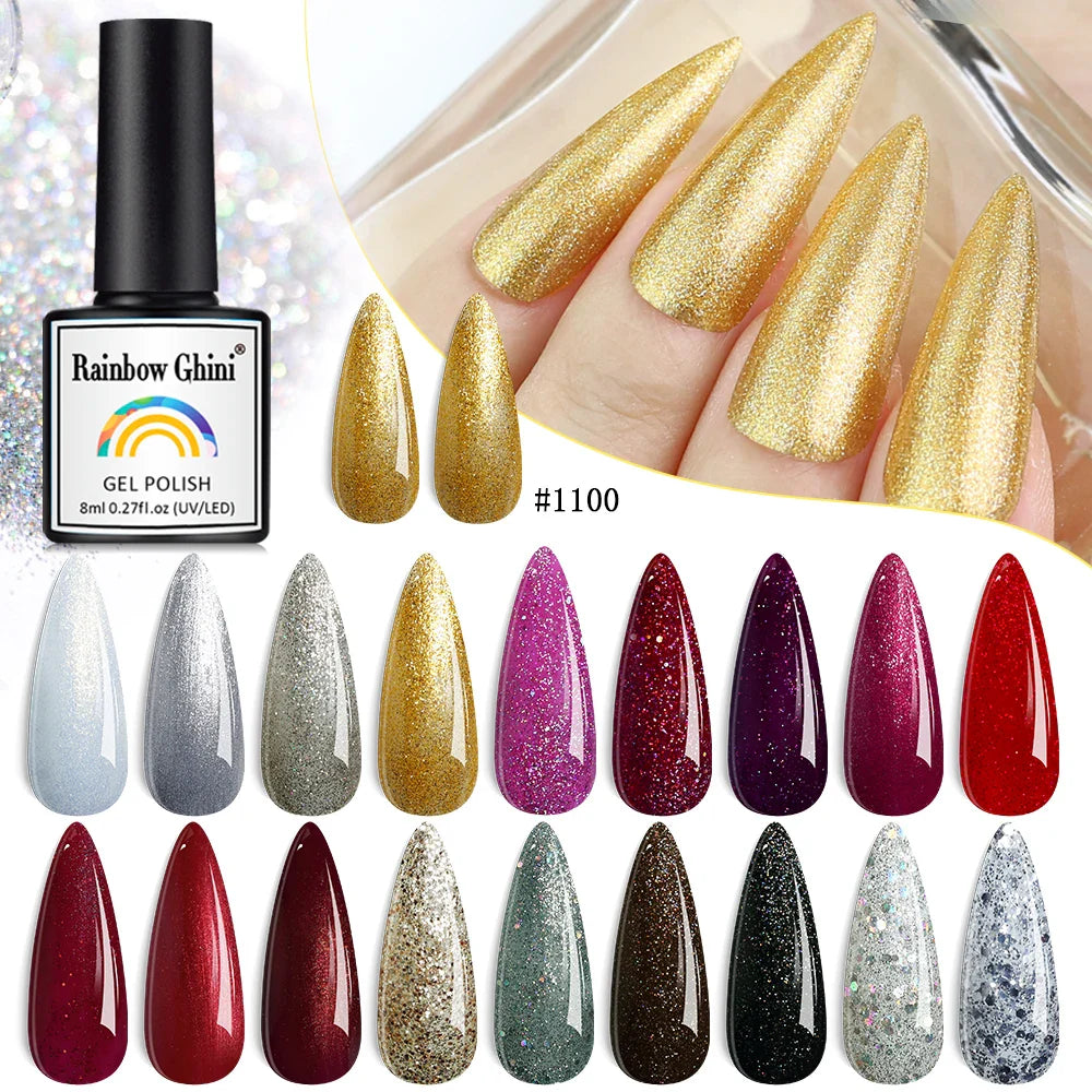 Rainbow Ghini Ultra Shiny Glitter Gel Nail Polish Semi-permanent Gellack UV Varnish Gold Silver Metal Gel Nail Art Wholesale Top