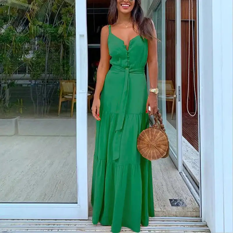 Elegant and Sexy Summer Women's V-neck Beach Dress with High Waist Waist Waist Waist Belt and Sling Long Dress for Party