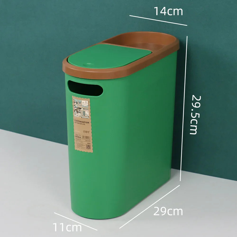Slim Plastic Trash Bin with Lid,Easy Press-Top,Space Saving Design, Suitable for Bathroom Kitchen Living Room,Simple Solid Color