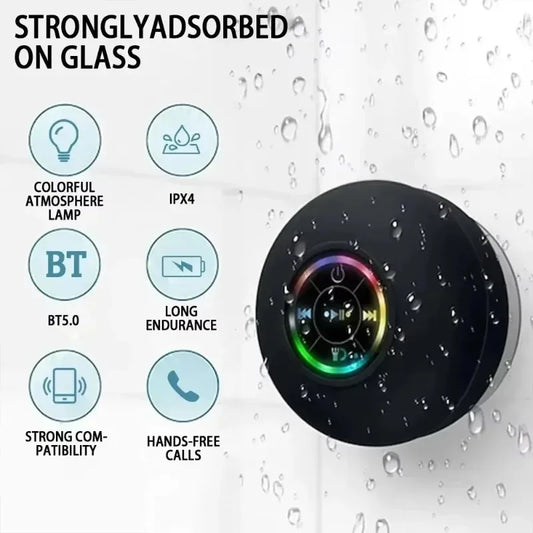 Mini Bluetooth Speaker w/ LED Lights & Super Suction |   IPX4 Waterproof for Bathroom/Outdoor |   Portable Wall Adsorbable Sound