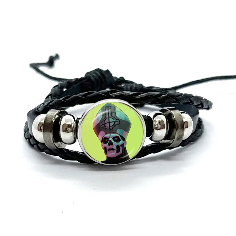 Ghost Rock Band PaPa Black Leather Bracelet | Multilayer Braided Bangle | Handmade Trendy Jewelry Gifts - Premium Bracelet from Lizard Vigilante - Just $19.97! Shop now at Lizard Vigilante