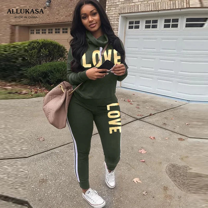 Women’s LOVE Letter Print Two-Piece Tracksuit – Stylish High Neck Hoodie & Pants Set - Premium hoodie set from Lizard Vigilante - Just $38.88! Shop now at Lizard Vigilante