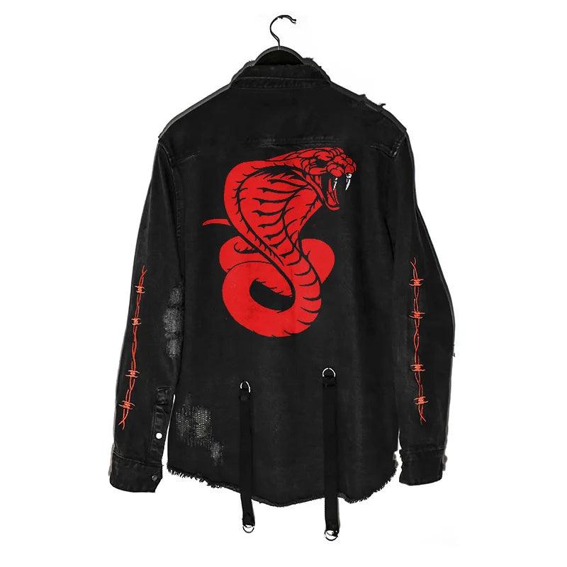 Demon Skull or Snake Hunter Black Denim Jacket Rock Punk Heavy Metal Harajuku Gothic Sweatshirt Sudadera Suspenders Hole Streetwear - Premium denim jacket from Lizard Vigilante - Just $44.99! Shop now at Lizard Vigilante