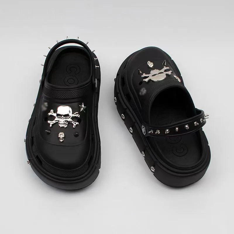 Skull and Crossbones Clogs Punk Women's Sandals Platform Slippers Garden Shoes Heels Metal Skull Charms Wedge Soft EVA Casual Shoes For Female - Premium sandals from Lizard Vigilante - Just $59.99! Shop now at Lizard Vigilante