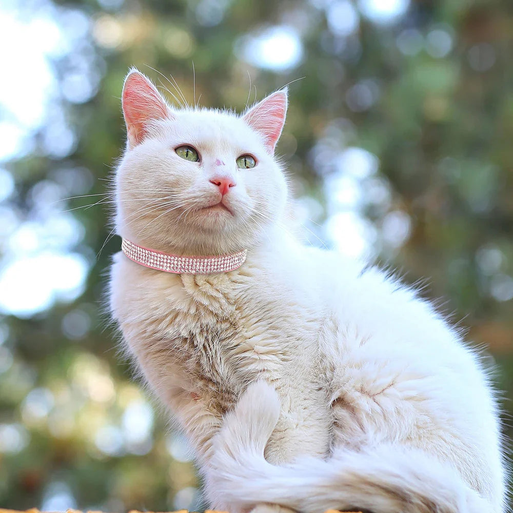 Soft Suede Leather Cat Collar Bling Rhinestone Cats Collars with Bell Safety Breakaway Pet Puppy Necklace Adjustable XS S Pink