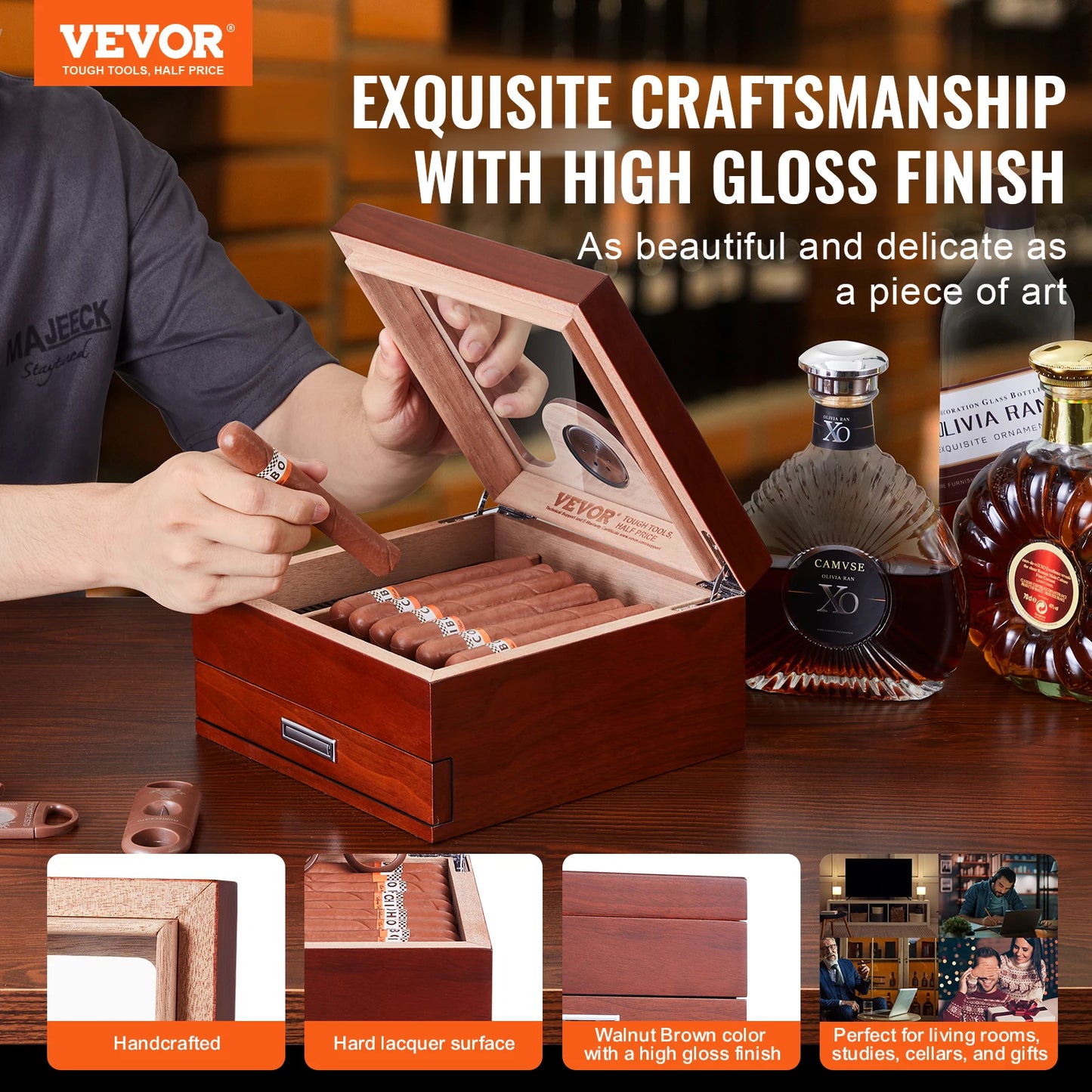 VEVOR Cigar Humidor Glass Top Cigar Humidor Box Handmade Spanish Cedar Wood Cigar Desktop Box Cigar Storage Case with Hygrometer - Premium  from Lizard Vigilante - Just $95.99! Shop now at Lizard Vigilante