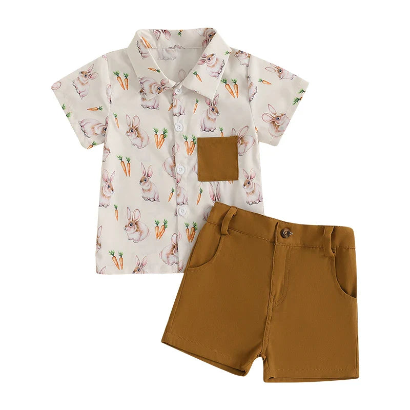 Toddler Easter Clothing Set with Short Sleeve Lapel Bunny Carrot Print Shirt and Solid Color Shorts - Adorable Boy s Easter