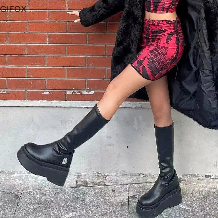 GIGIFOX Gothic Platform High Boots for Women – Black Punk Combat Motorcycle Chunky Halloween Stretch Boots - Premium platform boots from Lizard Vigilante - Just $53.88! Shop now at Lizard Vigilante