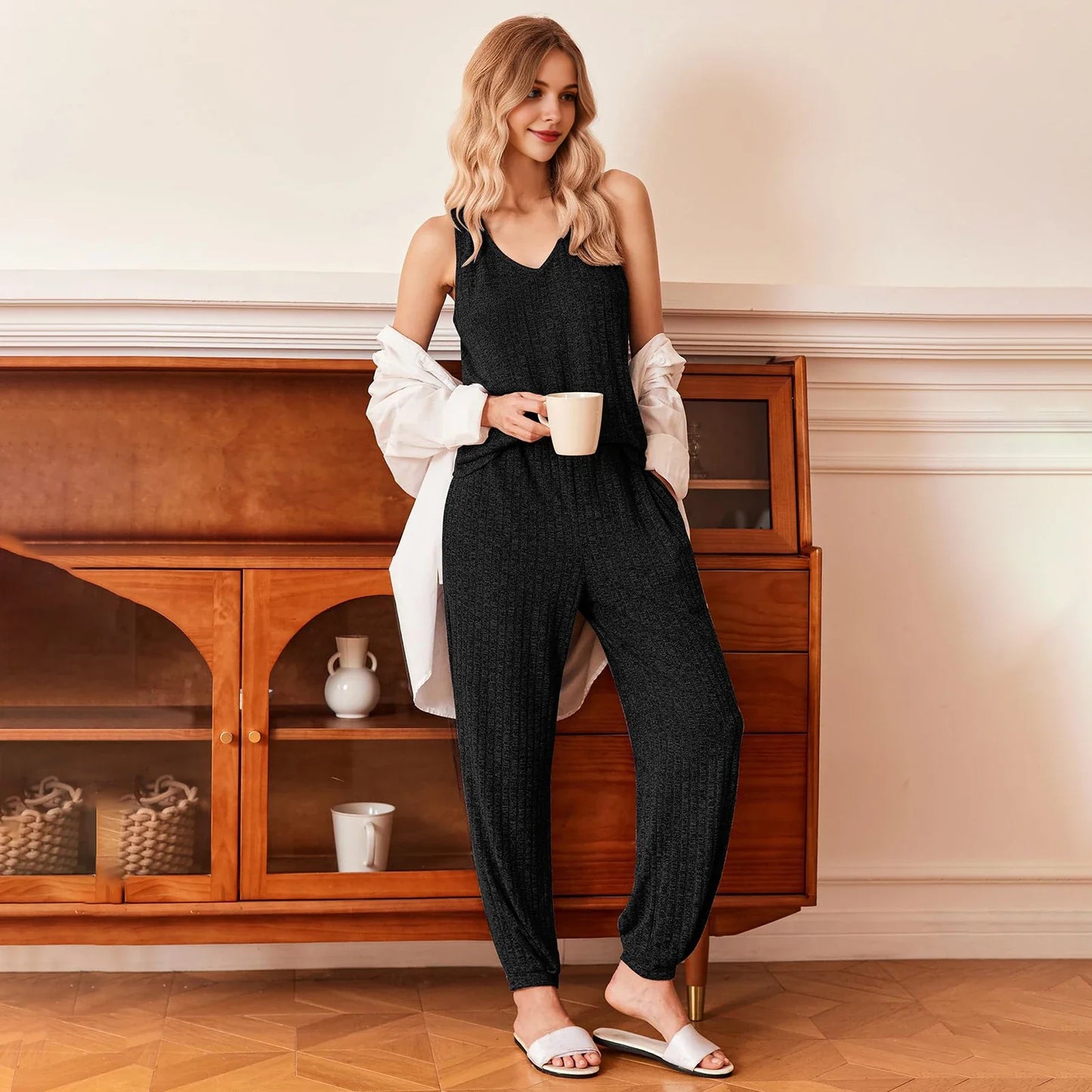 Women Autumn Winter Sleepwear Ribbed Pajamas Set Long Sleeve Top and Long Pants 2 Piece Set Casual Homewear Loungewear
