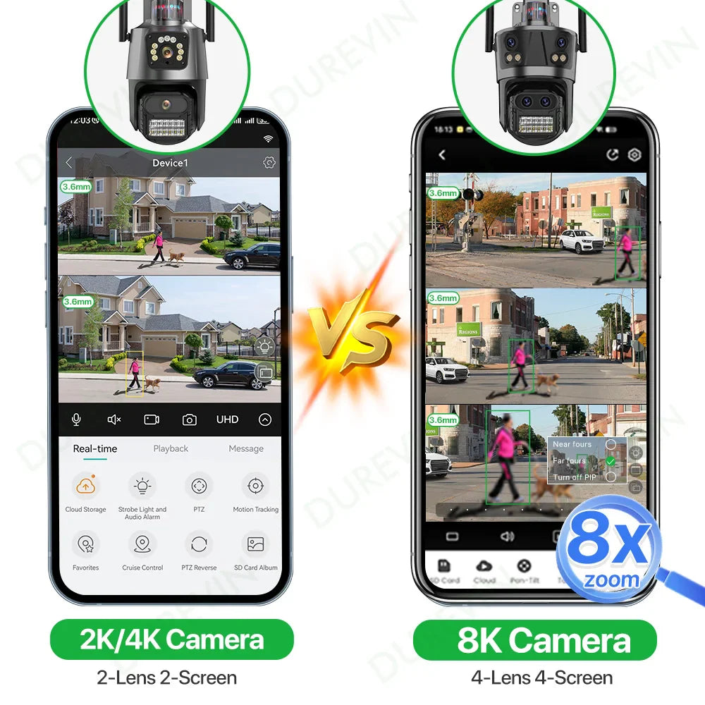 WIFI 8K 8X Zoom IP Camera Four Lens Four Screen Human Detecton Camera 4K 8MP IP HD Dual Srceen Security Waterproof Camera iCsee