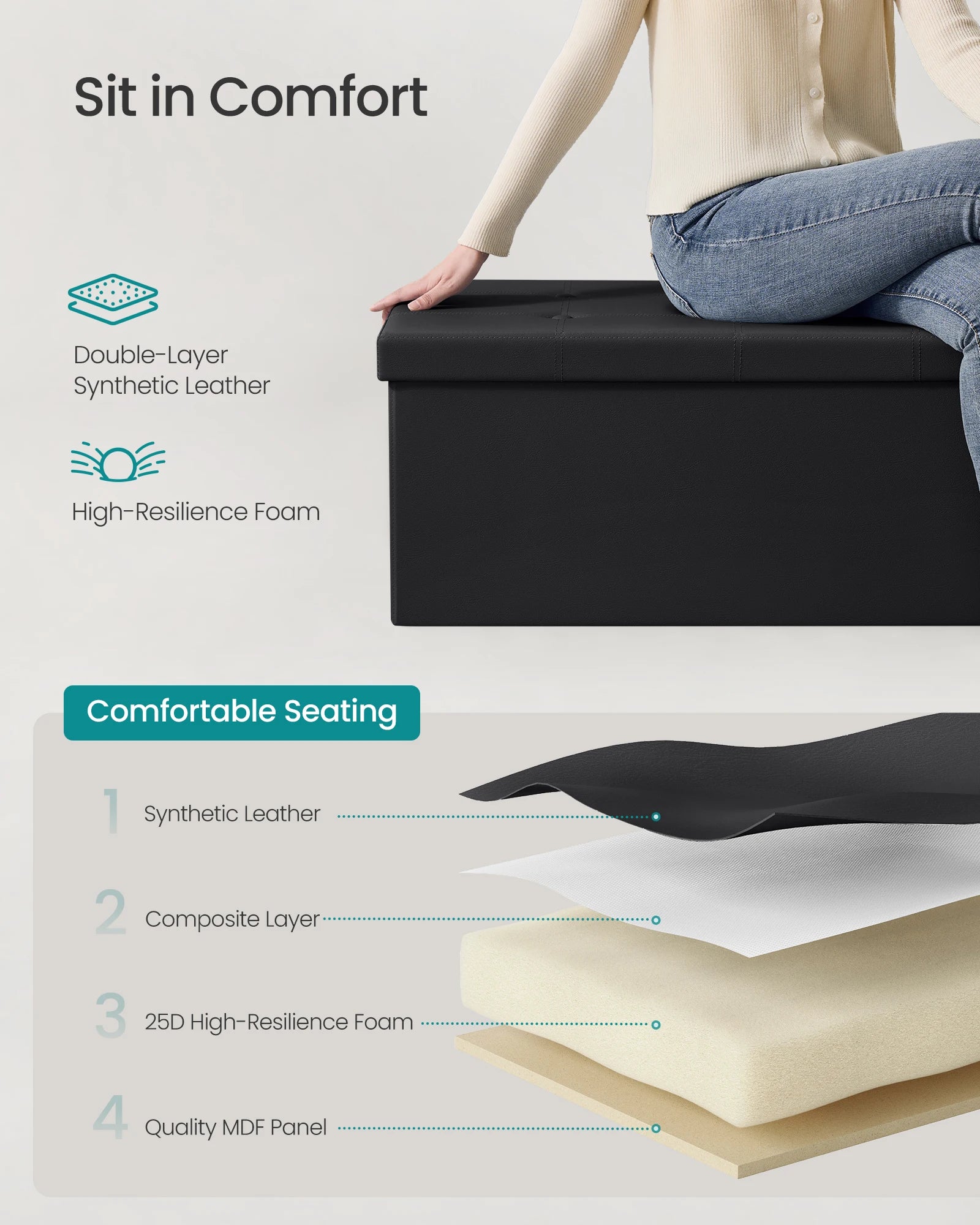 SONGMICS 43 Inches Folding Storage Ottoman Bench, Storage Chest, Footrest, Coffee Table, Padded Seat, Faux Leather - Premium  from Lizard Vigilante - Just $116.99! Shop now at Lizard Vigilante