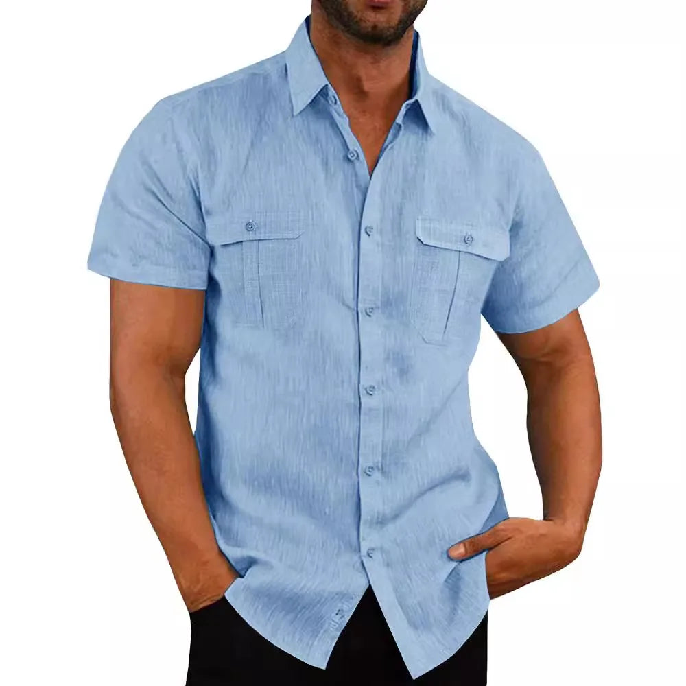 Men's Shirt Double Pocket Cotton Linen Short Sleeve Shirts for Men Casual Holiday Beach Shirt streetwear Solid Color Slim Fit - Premium  from Lizard Vigilante - Just $23.99! Shop now at Lizard Vigilante