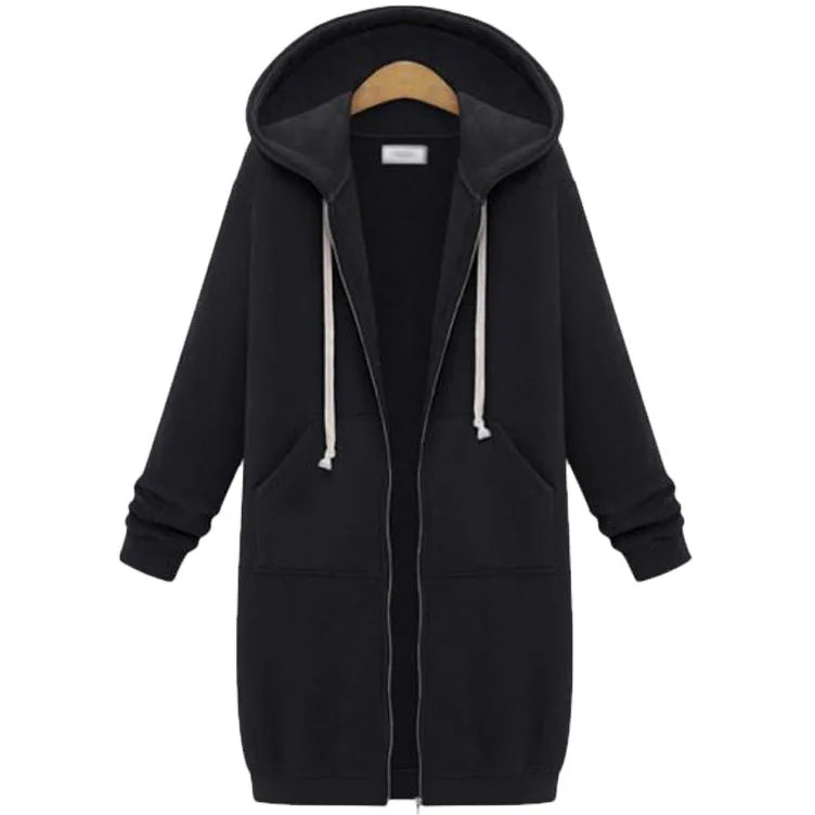 Women’s Long Hooded Sweatshirt Thick Loose Solid Color Pocket Coat Autumn Winter Fashion Hoodie