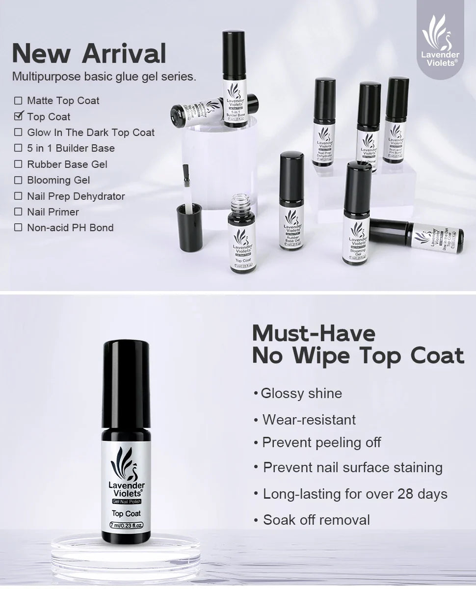 7ml No Wipe Glossy Top Coat, High Glossy Shine Effect Soak Off Gel Nail Polish Long Lasting for Salon Home DIY Manicure Nail Art