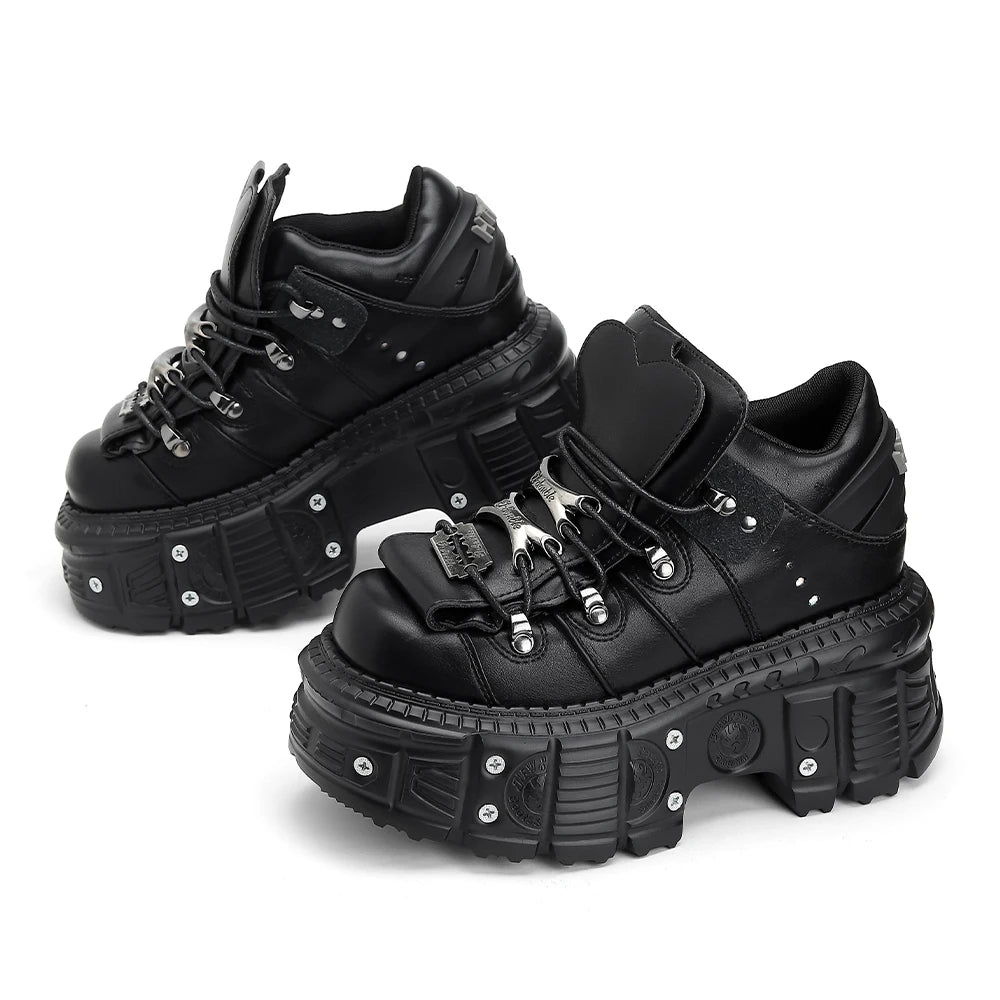2025 Woman Sneakers New Punk Style Women Shoes Gothic Ankle Rock Boots Lace-up Heel Height Platform Shoes Woman Metal Decor