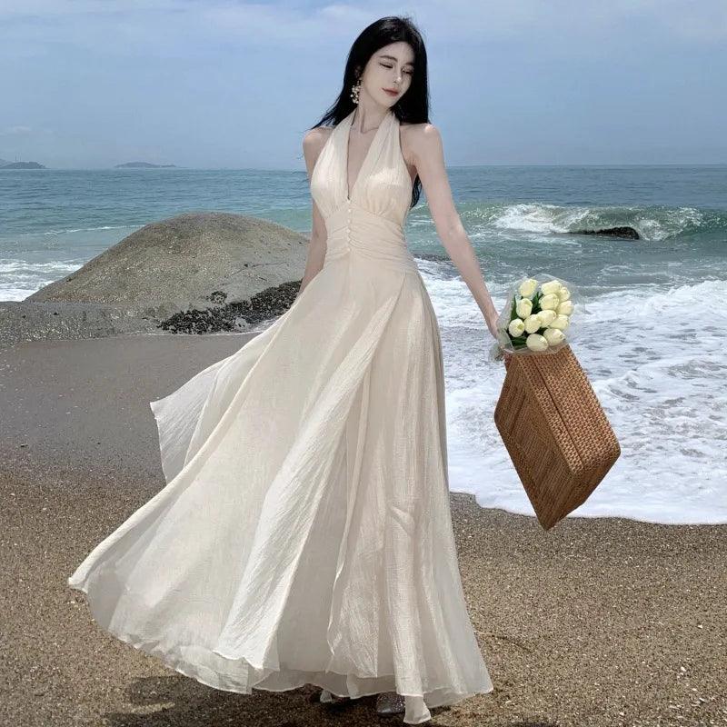 Summer Sleeveless Halter Long White Maxi Dress Elegant Tight Waist V-neck Beach Dress Robes Du Soir Evening Dresses Wedding Prom - Lizard Vigilante