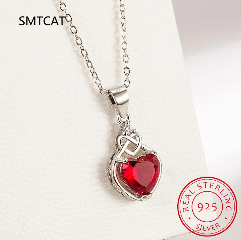 Heart Knot Created Red Ruby 925 Sterling Silver Pendant Necklace for Women Gemstone Jewelry Choker Colar de Prata - Premium  from Lizard Vigilante - Just $11.99! Shop now at Lizard Vigilante