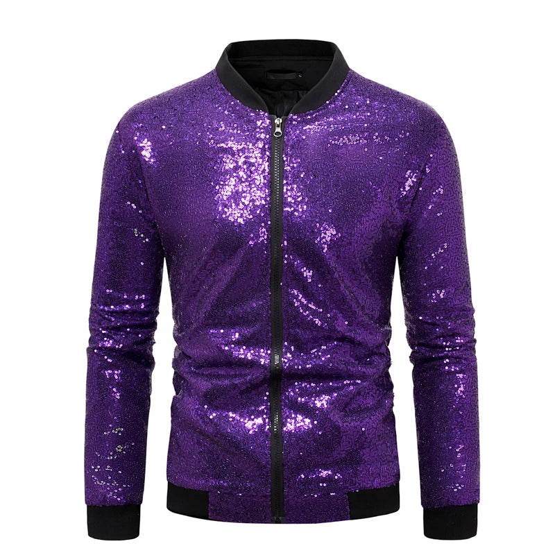 Men’s Purple Sequin Bomber Jacket – Zip-Up Sparkle Baseball Coat for Parties - Premium bomber jacket from Lizard Vigilante - Just $64.69! Shop now at Lizard Vigilante