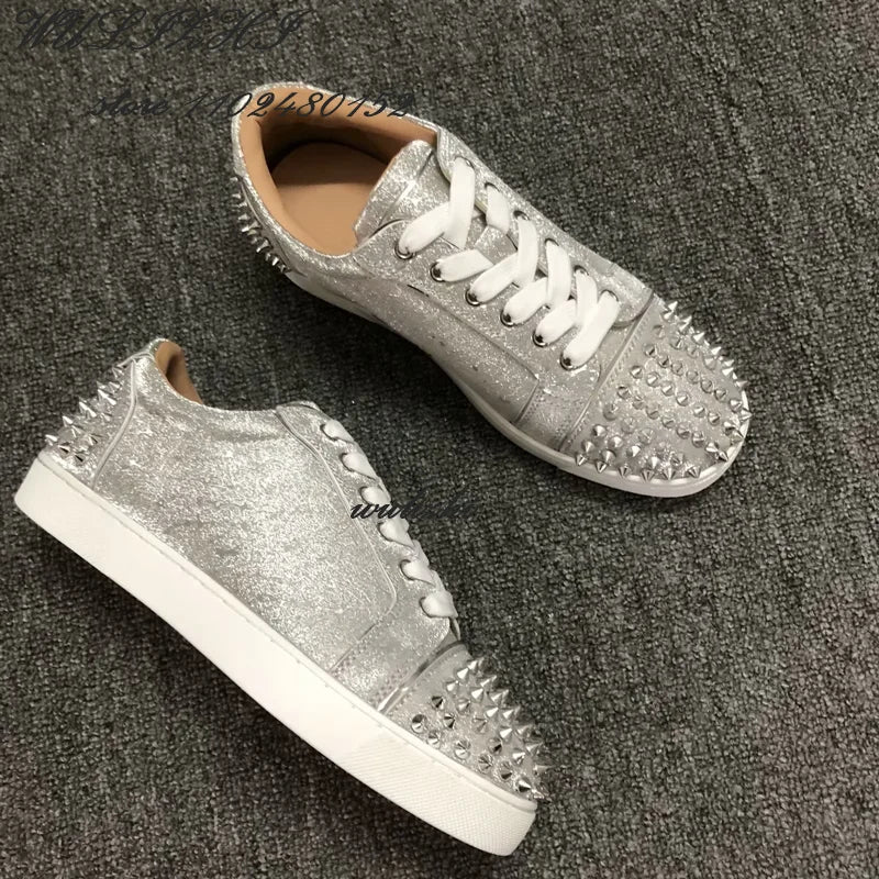 Flat Rivet Silver Casual Shoes Women Clutch Design Crystal Sneakers Luxurious Round Concise Couple Metallic Glitter Lace Up Shoe - Premium shoes from Lizard Vigilante - Just $147.99! Shop now at Lizard Vigilante