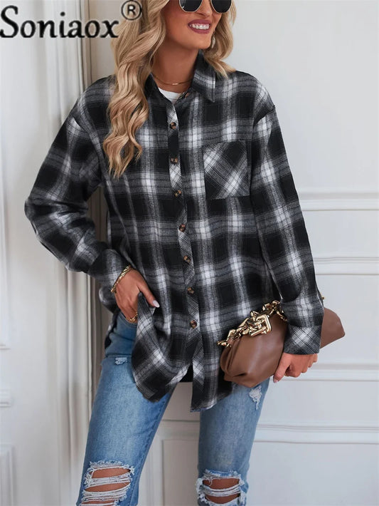 Women’s Flannel Plaid Shirt – Loose Fit Button-Up Casual Long Sleeve Blouse - Premium shirt from Lizard Vigilante - Just $42.88! Shop now at Lizard Vigilante