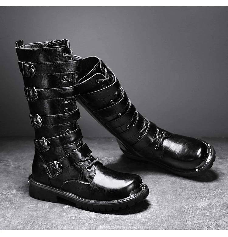 DEADFUEL BLACKOUT: Men’s Mid-Calf Leather Motorcycle Boots with Zip Buckle – Streetwear Punk Cowboy Tool Boots for Winter Chaos - Premium boots from dsers - Just $135.99! Shop now at Lizard Vigilante